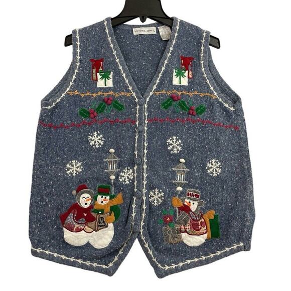 VTG Victoria Jones Ugly Christmas Sweater Vest Womens Size Large Holiday Scenes - Picture 1 of 10